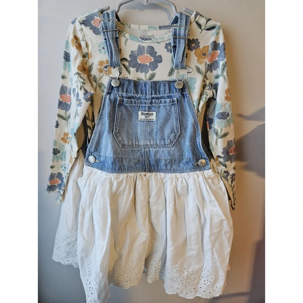 OshKosh B'gosh Denim Overall Dress with Carter's Floral Long Sleeve Top – Size 5